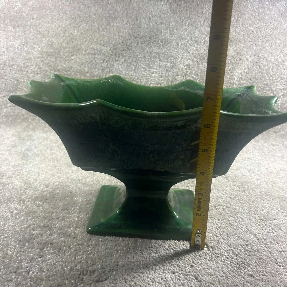 Pedestal Planter Green Scalloped Ceramic Centerpiece Bowl Vintage